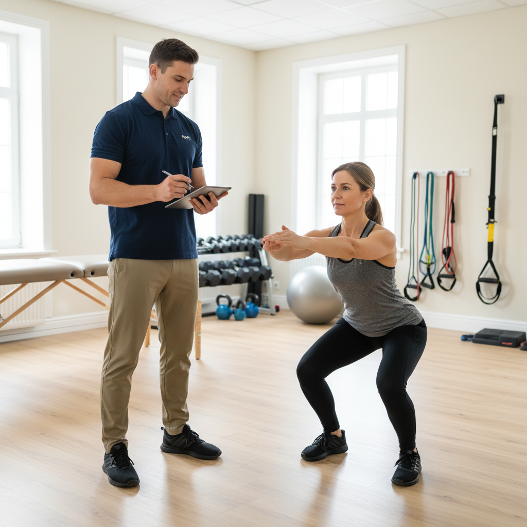Physical therapist in Cypress conducting personalized movement assessment with active adult patient during one-on-one physical therapy session