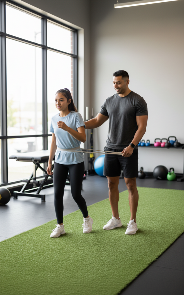 Active adult receiving personalized strength training guidance from physical therapist for Performance PT in Cypress