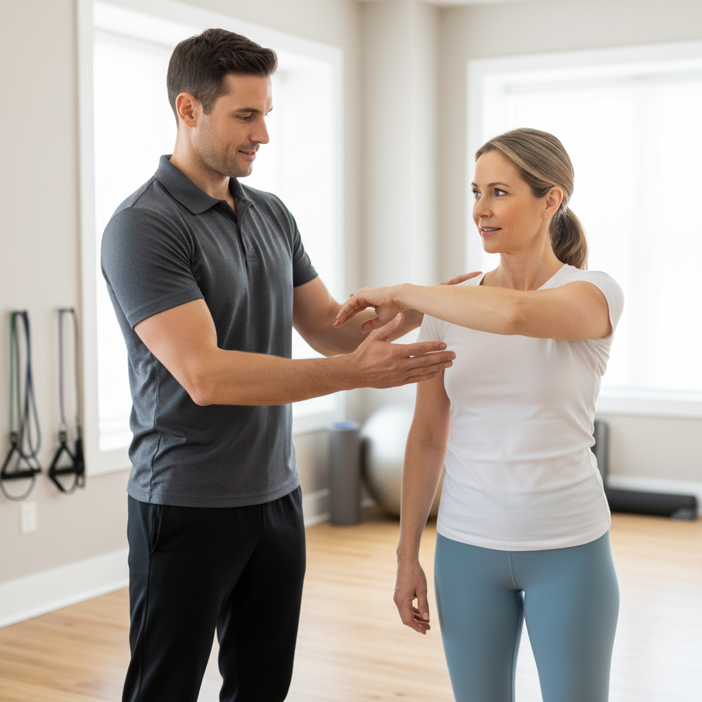Physical therapist working with adolescent athlete on sports-specific training and performance PT in Cypress